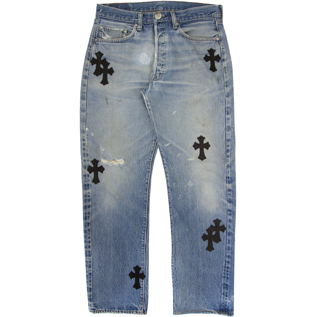CHROME HEARTS LEATHER PATCHWORK DENIM