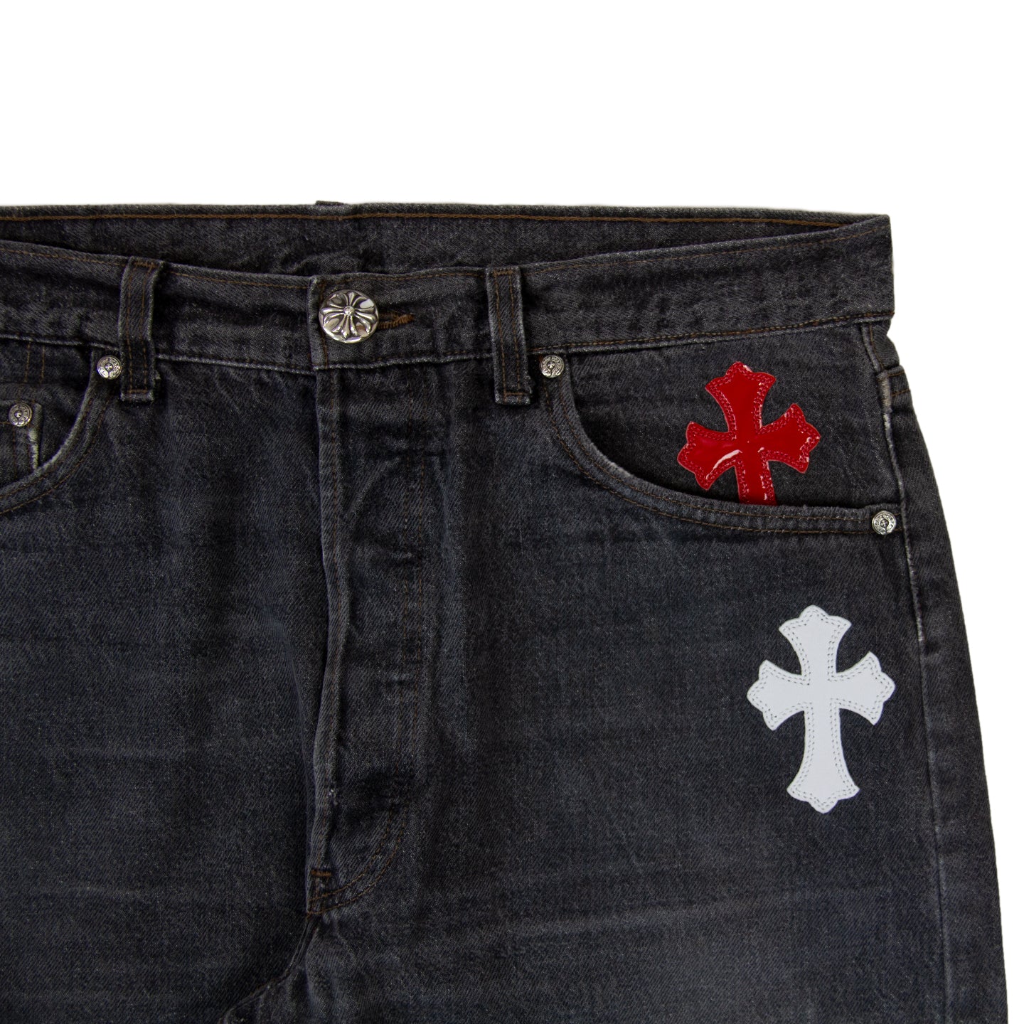 CHROME HEARTS BLACK JEANS IN LIGTH BLUE RED YELLOW LEATHER CROSS