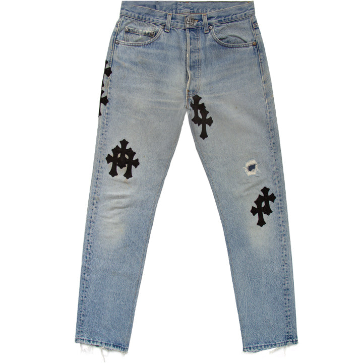 Chrome Hearts Levi's Checkered Leather Cross Patch Jeans