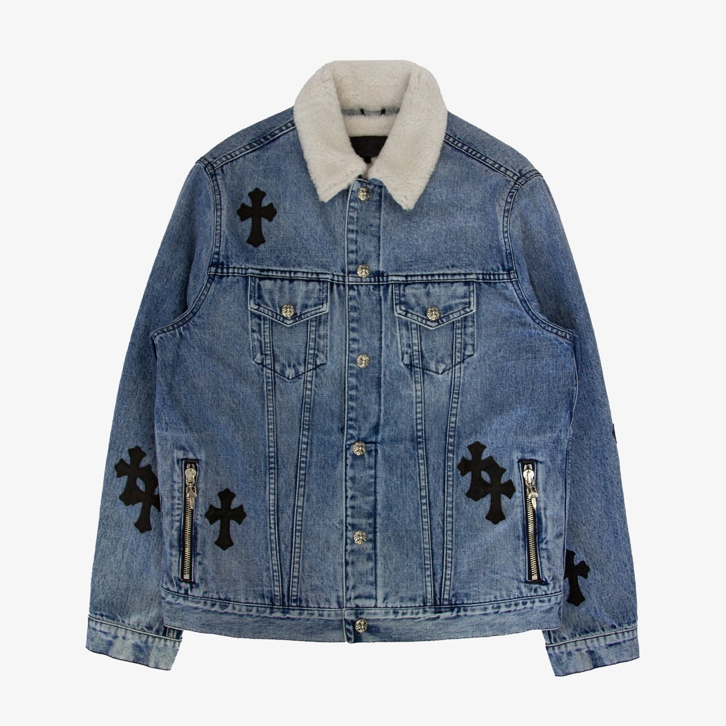 CHROME HEARTS 1/1 LEATHER PATCH SHEARLING DENIM TRUCKER