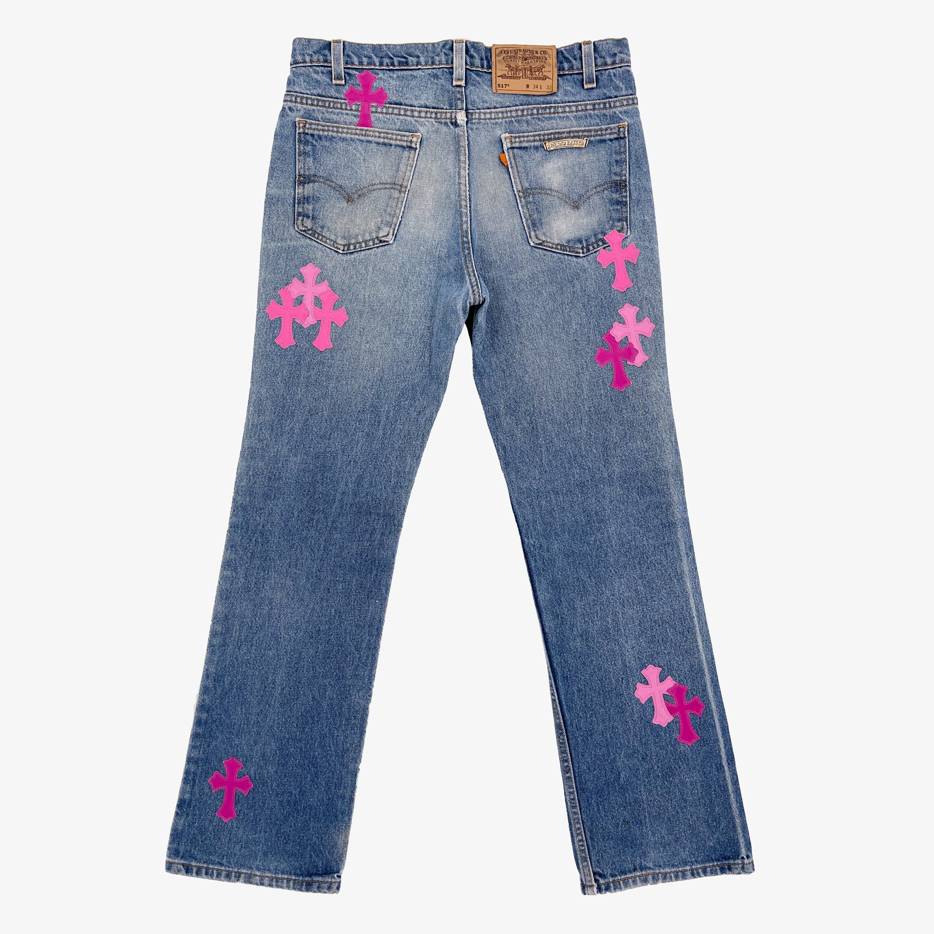 Chrome Hearts Pink & Checkered Cross Patch Fleurknee Jeans