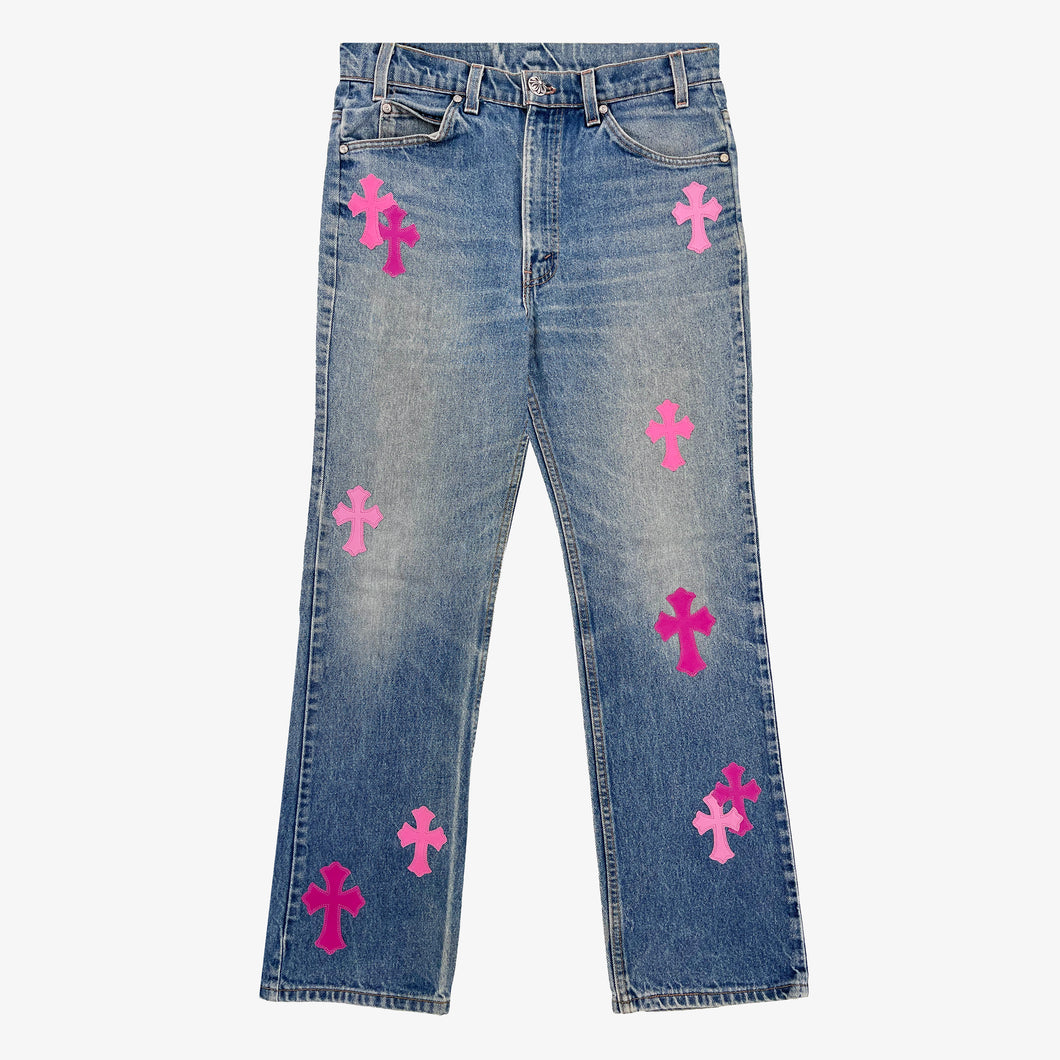 CHROME HEARTS PINK TRICOLOR PATCH DENIM