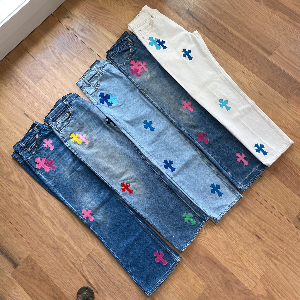 CHROME HEARTS PINK TRICOLOR PATCH DENIM