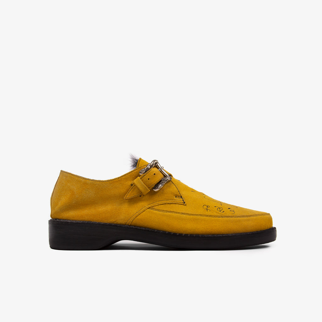 MUSTARD FUR LINED SUEDE PUNK SLIPPERS