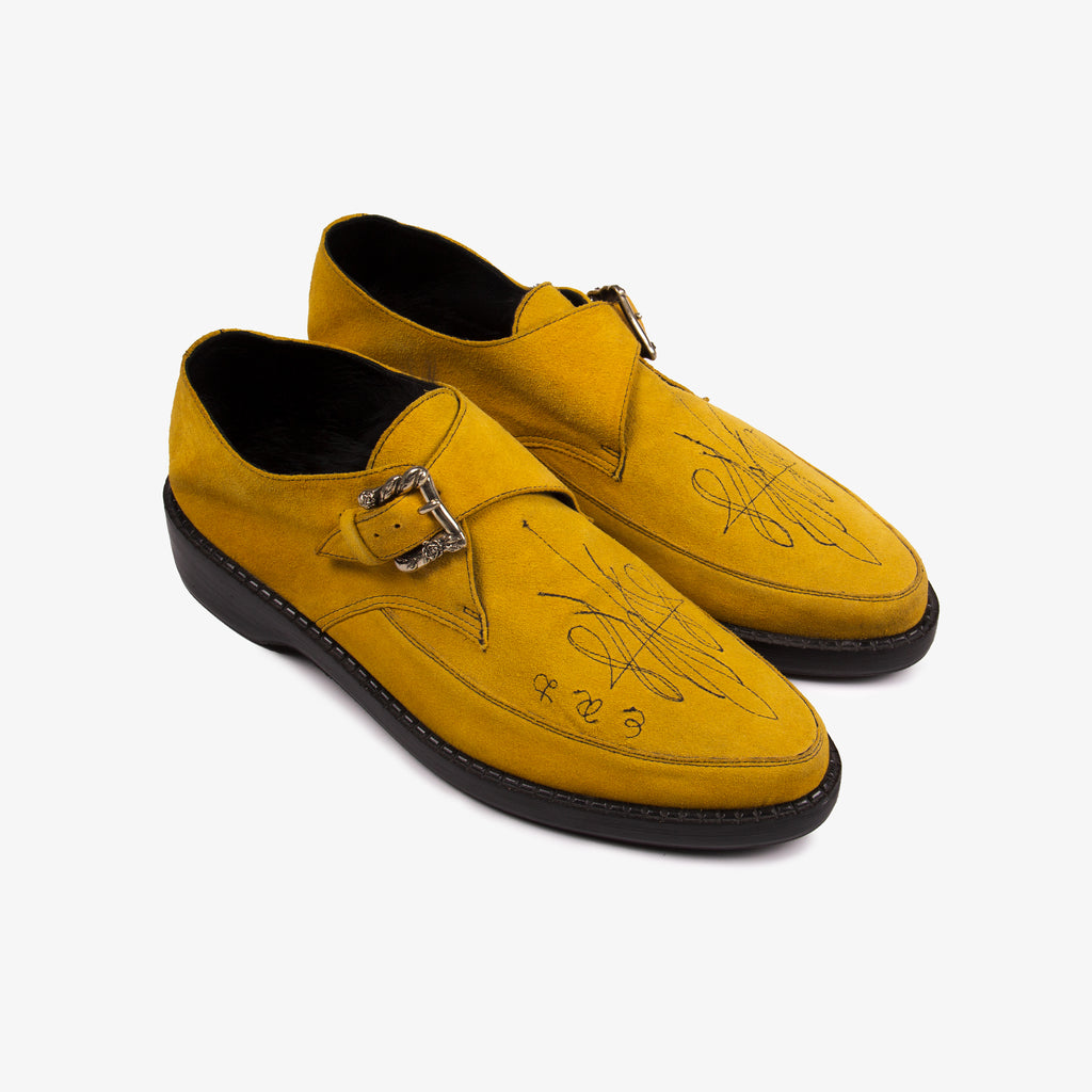 MUSTARD FUR LINED SUEDE PUNK SLIPPERS