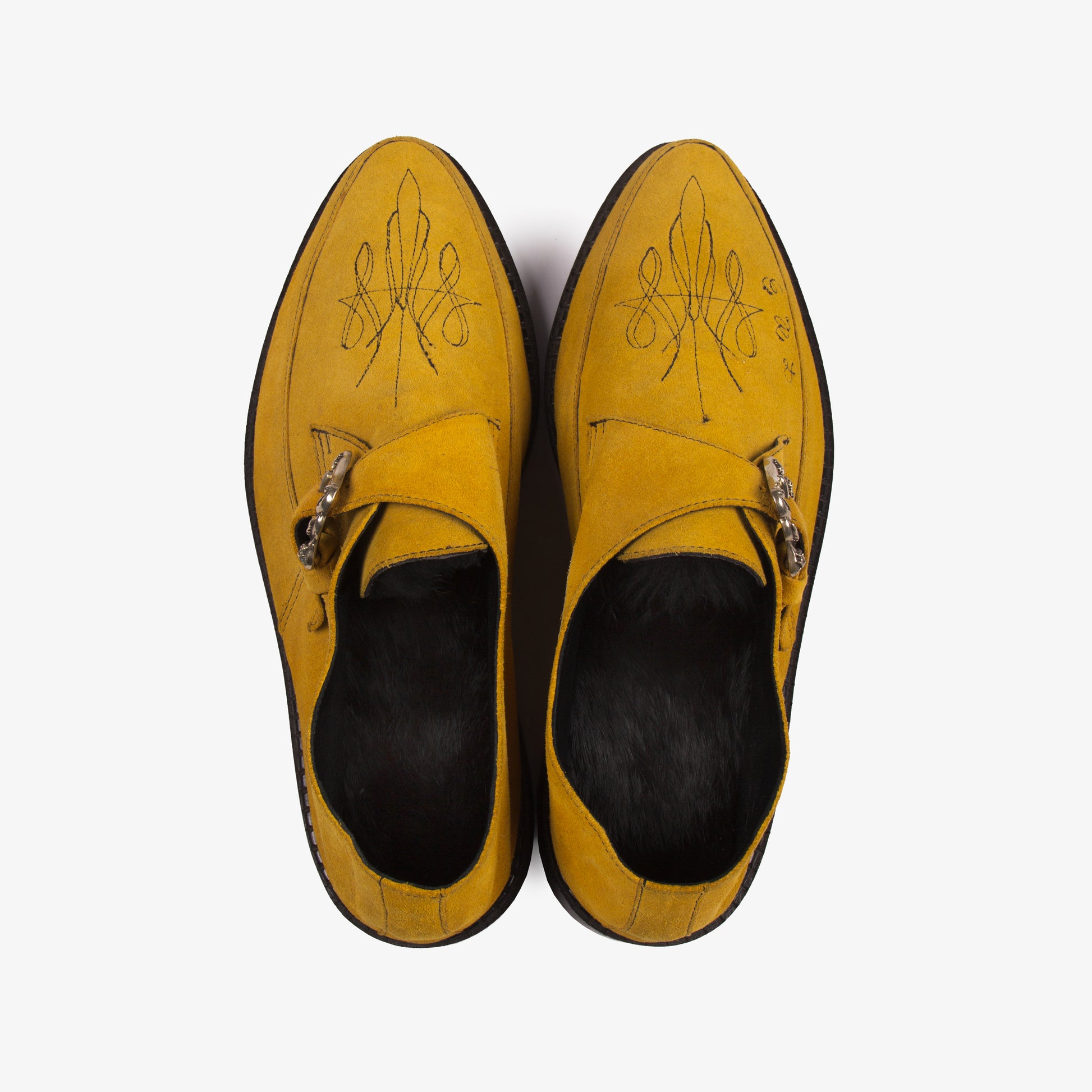 MUSTARD FUR LINED SUEDE PUNK SLIPPERS