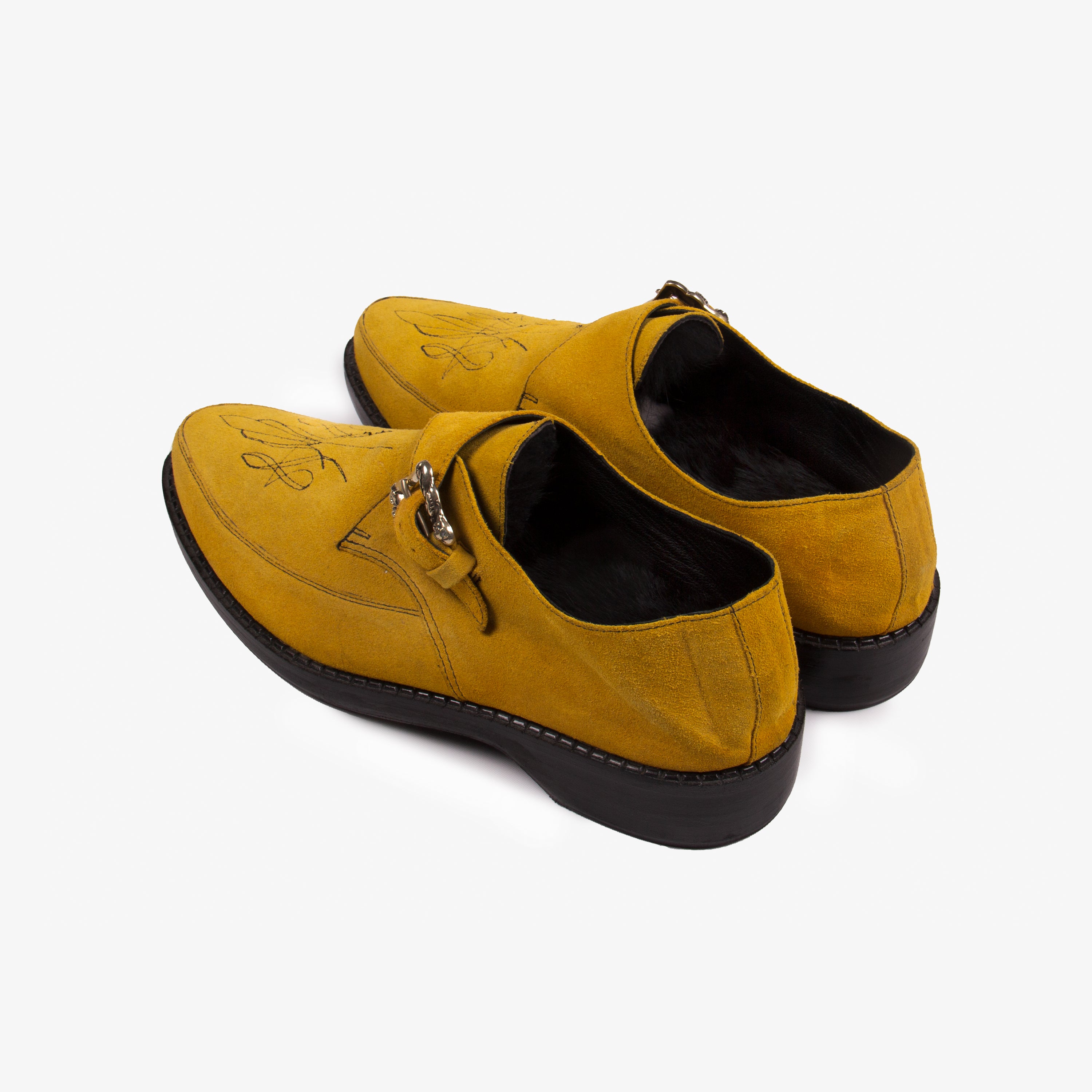 MUSTARD FUR LINED SUEDE PUNK SLIPPERS