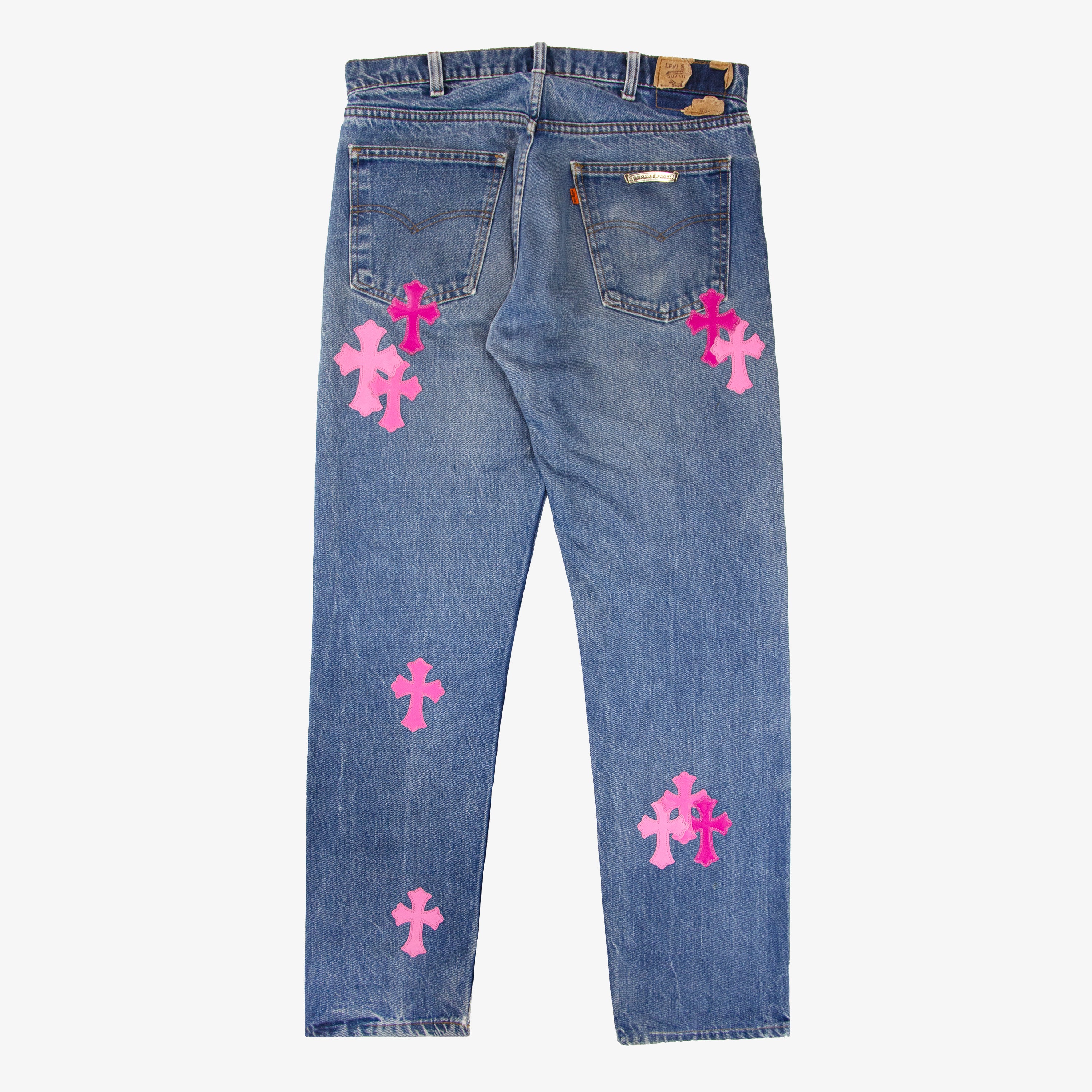 CHROME HEARTS X CDG BLACK DENIM JEANS PINK PATCHES