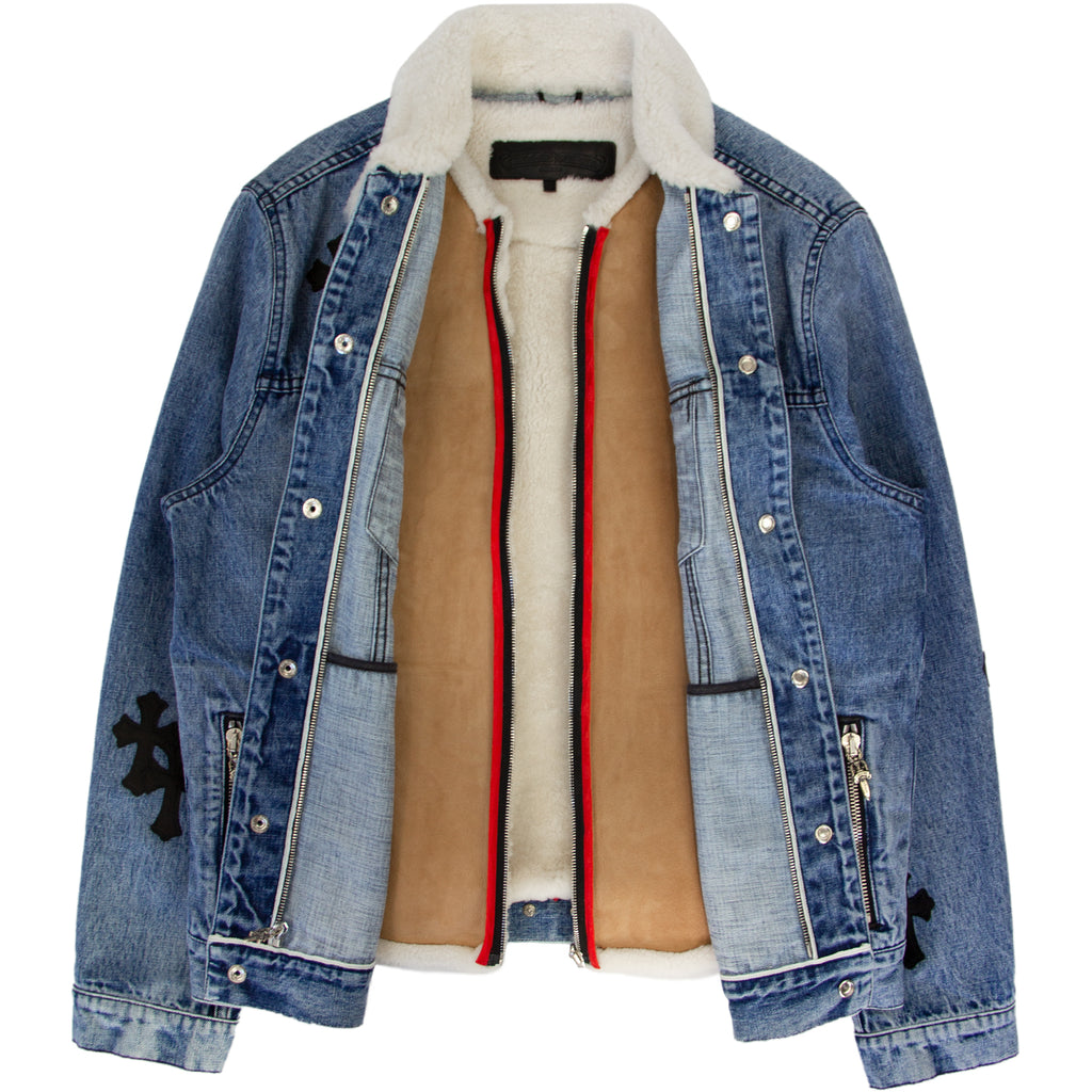 CHROME HEARTS 1/1 LEATHER PATCH SHEARLING DENIM TRUCKER