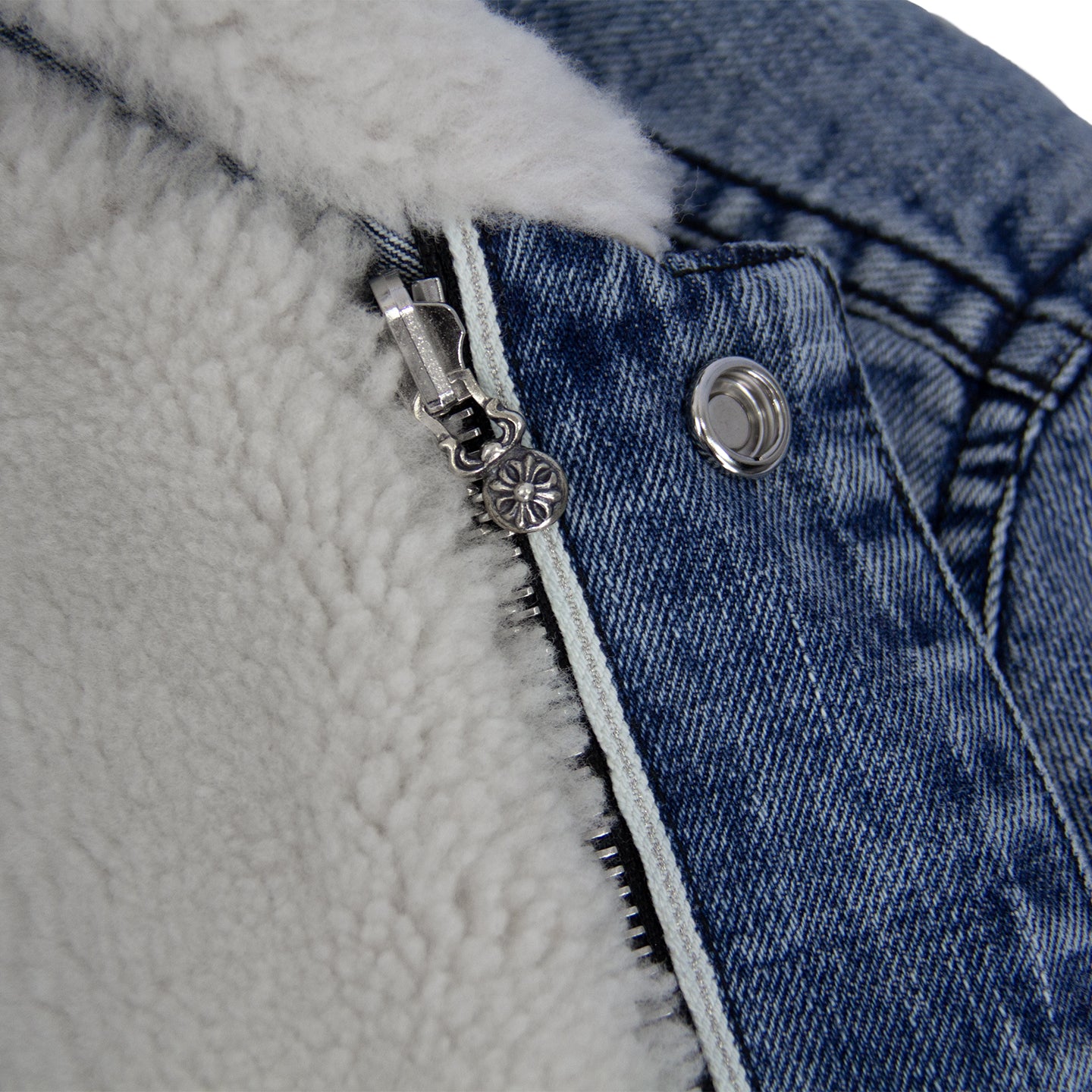 CHROME HEARTS 1/1 LEATHER PATCH SHEARLING DENIM TRUCKER